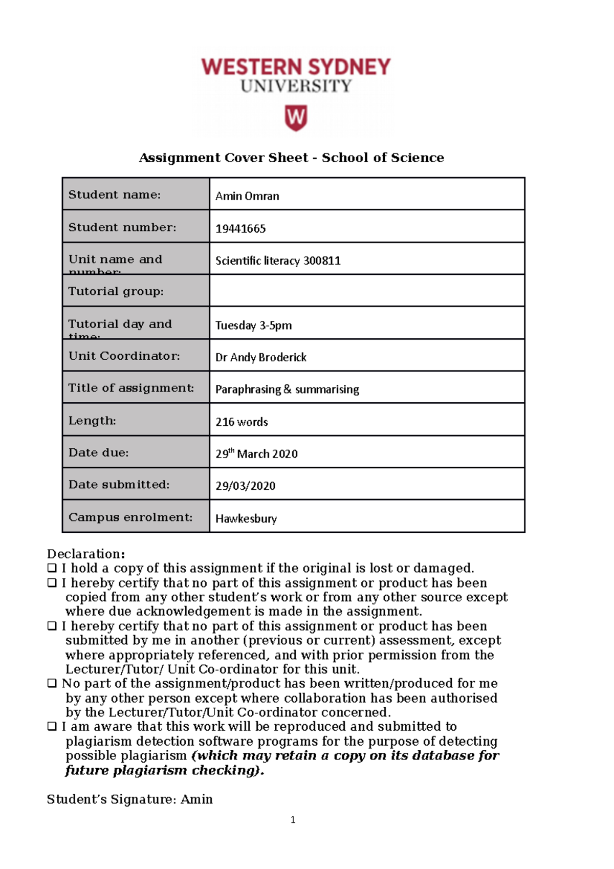 Paraphrase assessment AUT 2020 - Assignment Cover Sheet - School of ...