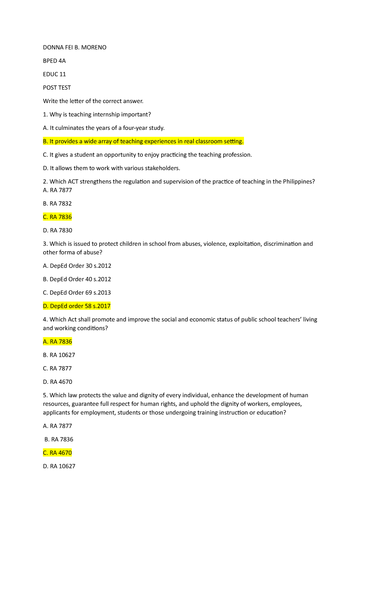 Module 1 POST TEST - DONNA FEI B. MORENO BPED 4A EDUC 11 POST TEST ...