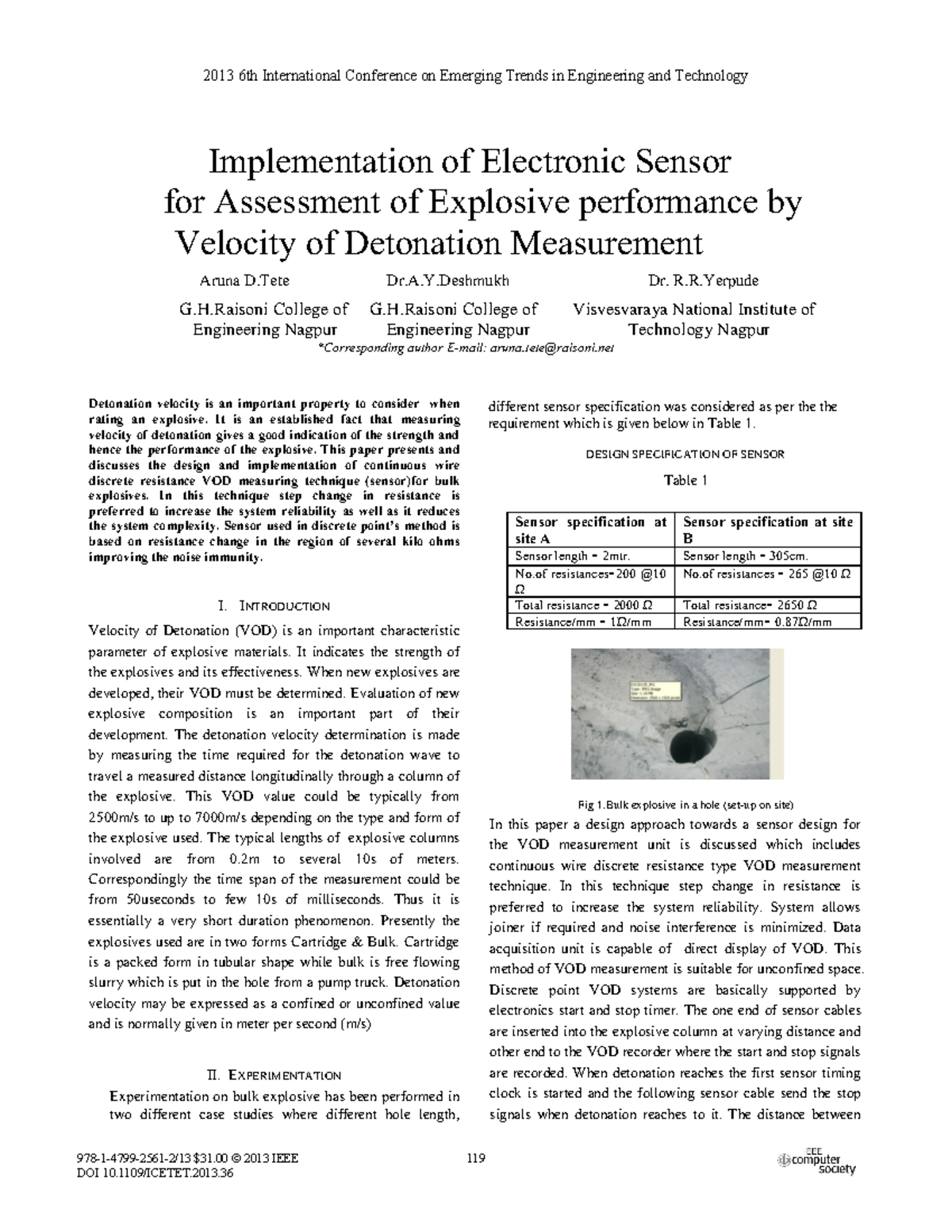 Implementation of electronic sensor for assessment of explosive ...