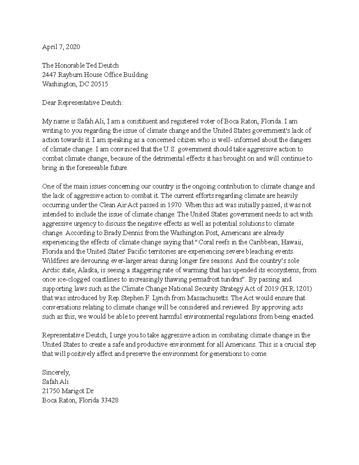 Letter to a Legislator - April 7, 2020 The Honorable Ted Deutch 2447 ...