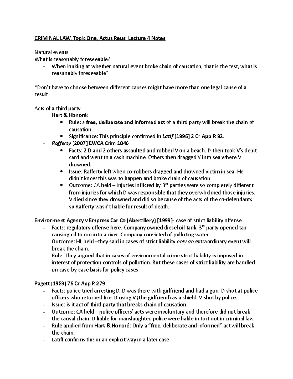 Lecture 4 Notes- Actus Reus (Unit 4) - CRIMINAL LAW, Topic One, Actus ...