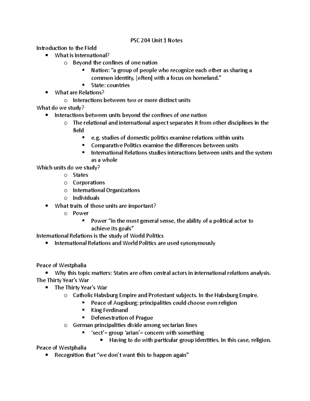 PSC 204 Unit 1 Notes - PSC 204 Unit 1 Notes Introduction to the Field ...