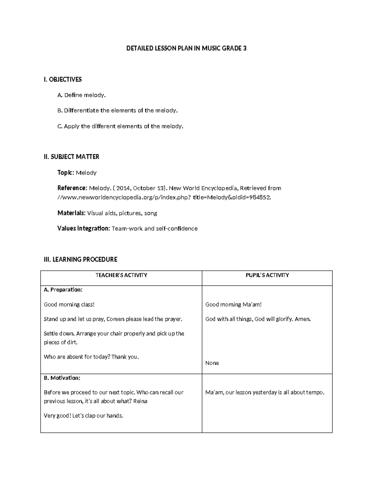 Detailed Lesson PLAN Music 3 - DETAILED LESSON PLAN IN MUSIC GRADE 3 I ...