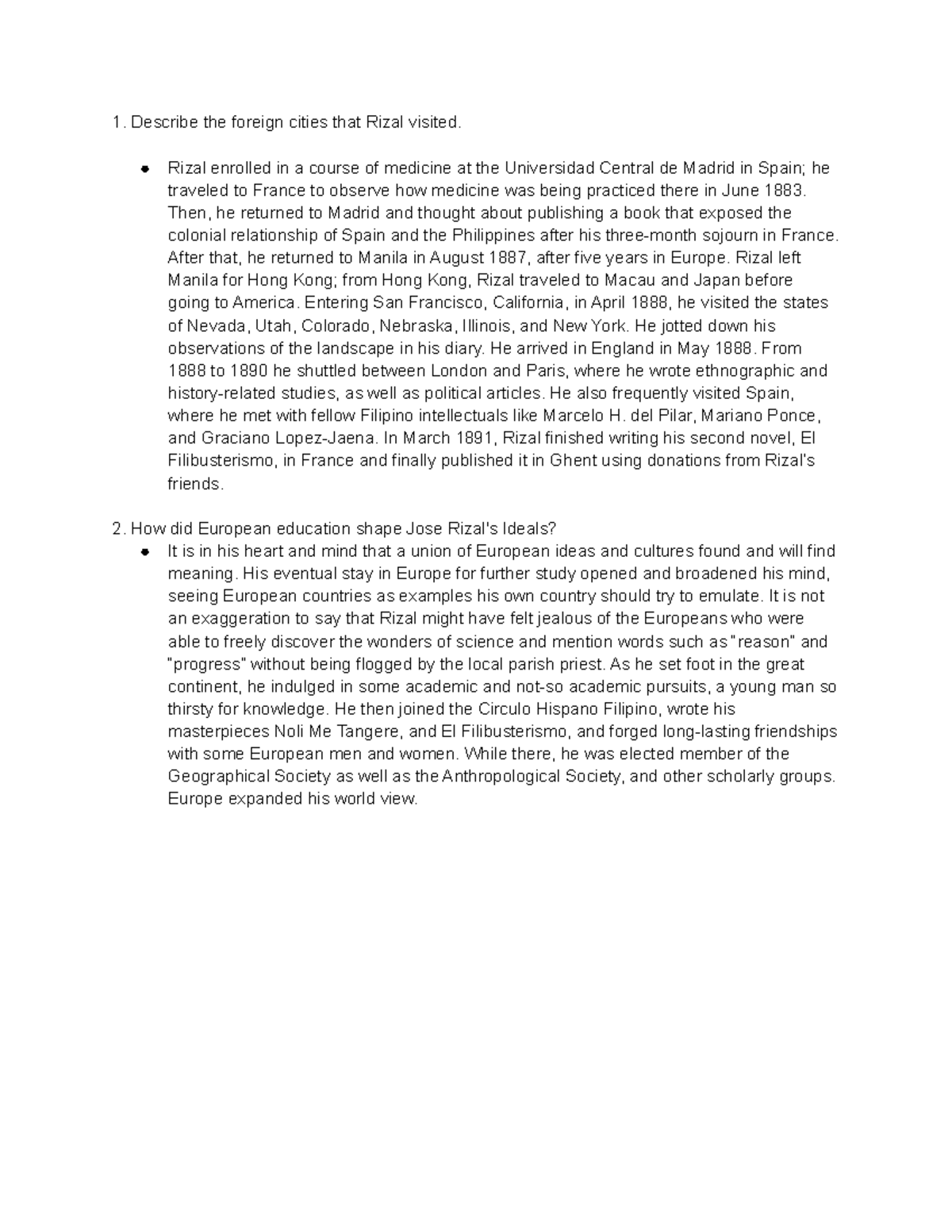 Assignment (Rizal) - Describe the foreign cities that Rizal visited ...