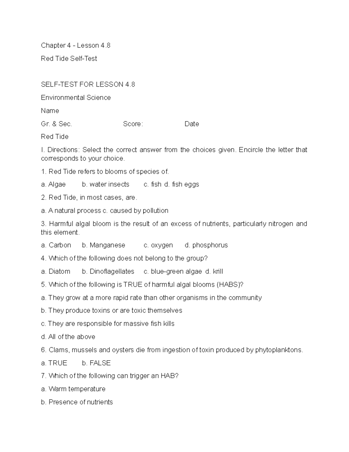 Red Tide Self Test Chapter 4 Lesson 4. Red Tide SelfTest SELFTEST FOR LESSON 4