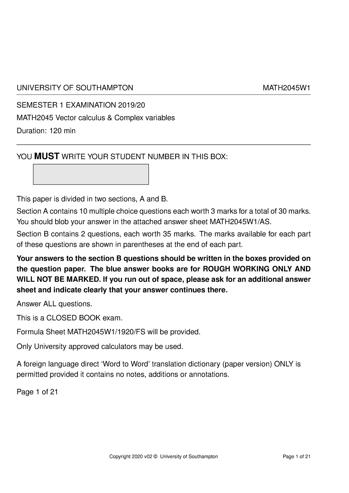 EXAMINATION 2019/20 UNIVERSITY OF SOUTHAMPTON MATH2045W SEMESTER 1