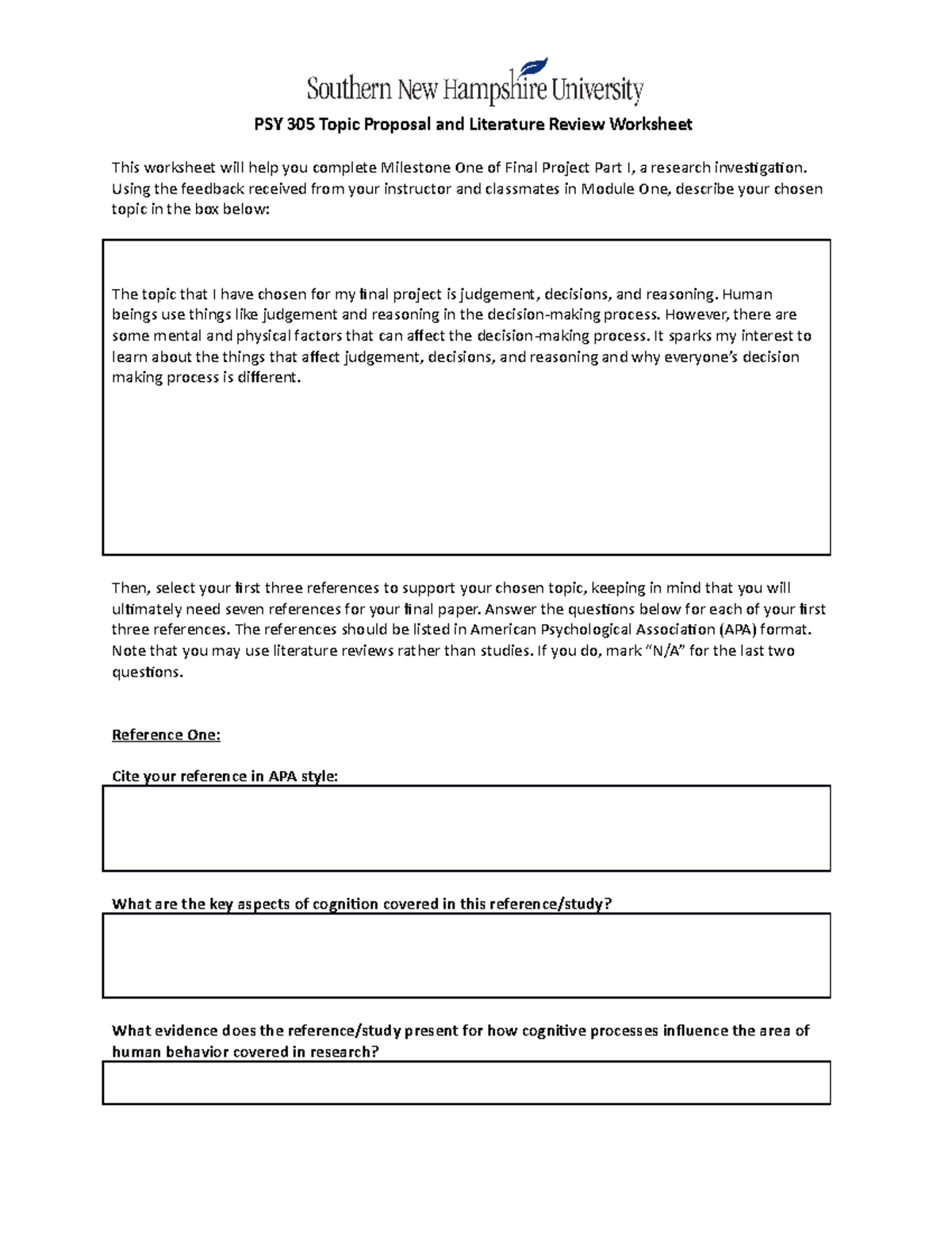 psy 305 topic proposal and literature review worksheet