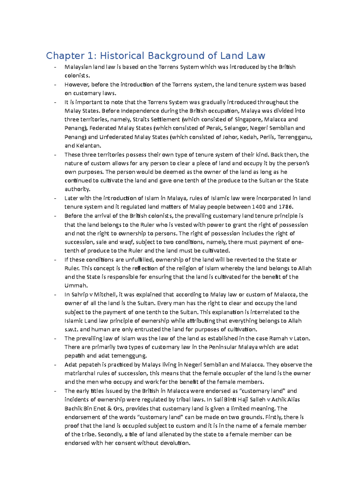 Land Law Notes Chapter 1 Historical Background of Land Law Malaysian