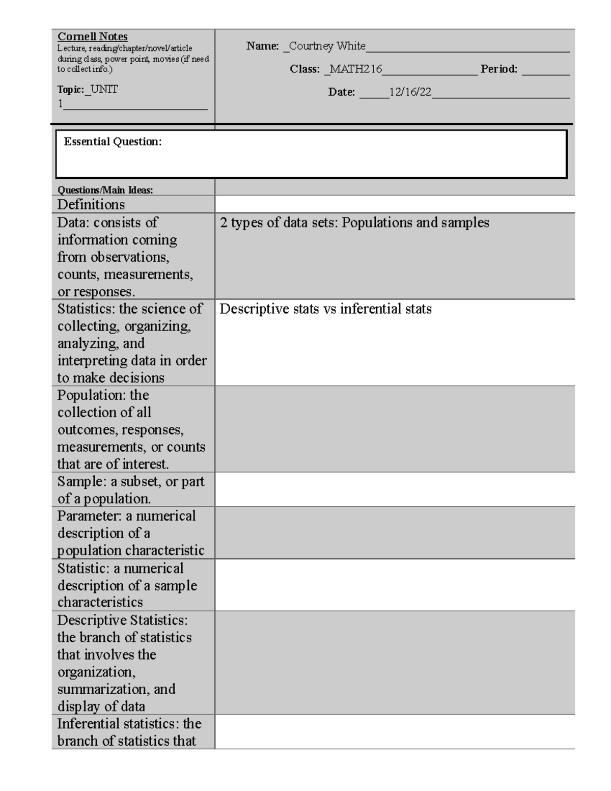 Notes MATH216 UNIT 1 - Cornell Notes Lecture, reading/chapter/novel ...