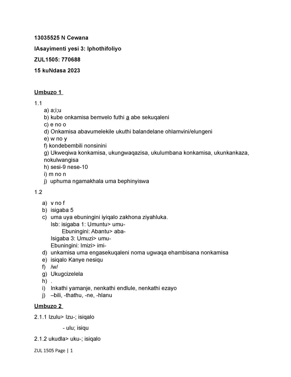 ZUL1505 Asayimenti yesi3 Iphothifoliyo - 13035525 N Cewana IAsayimenti ...