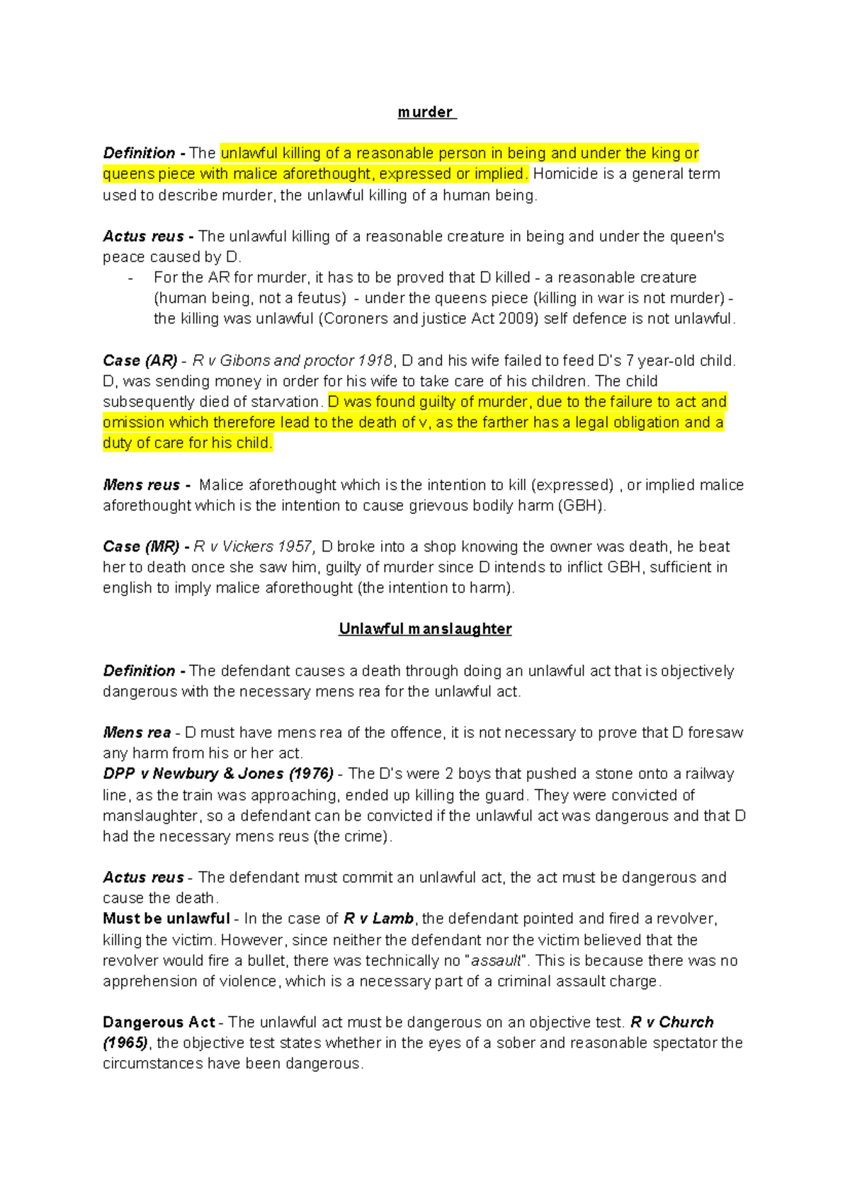 Criminal Revision notes - murder Definition - The unlawful killing of a ...