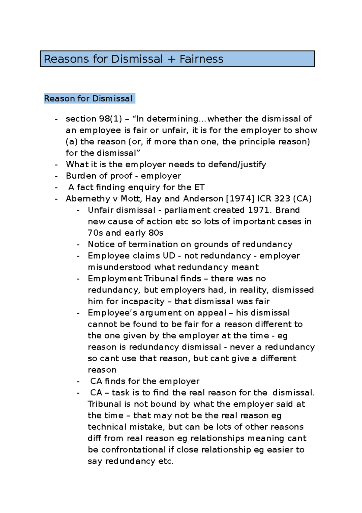 Employment Law Reasons for Dismissal + Fairness Reasons for