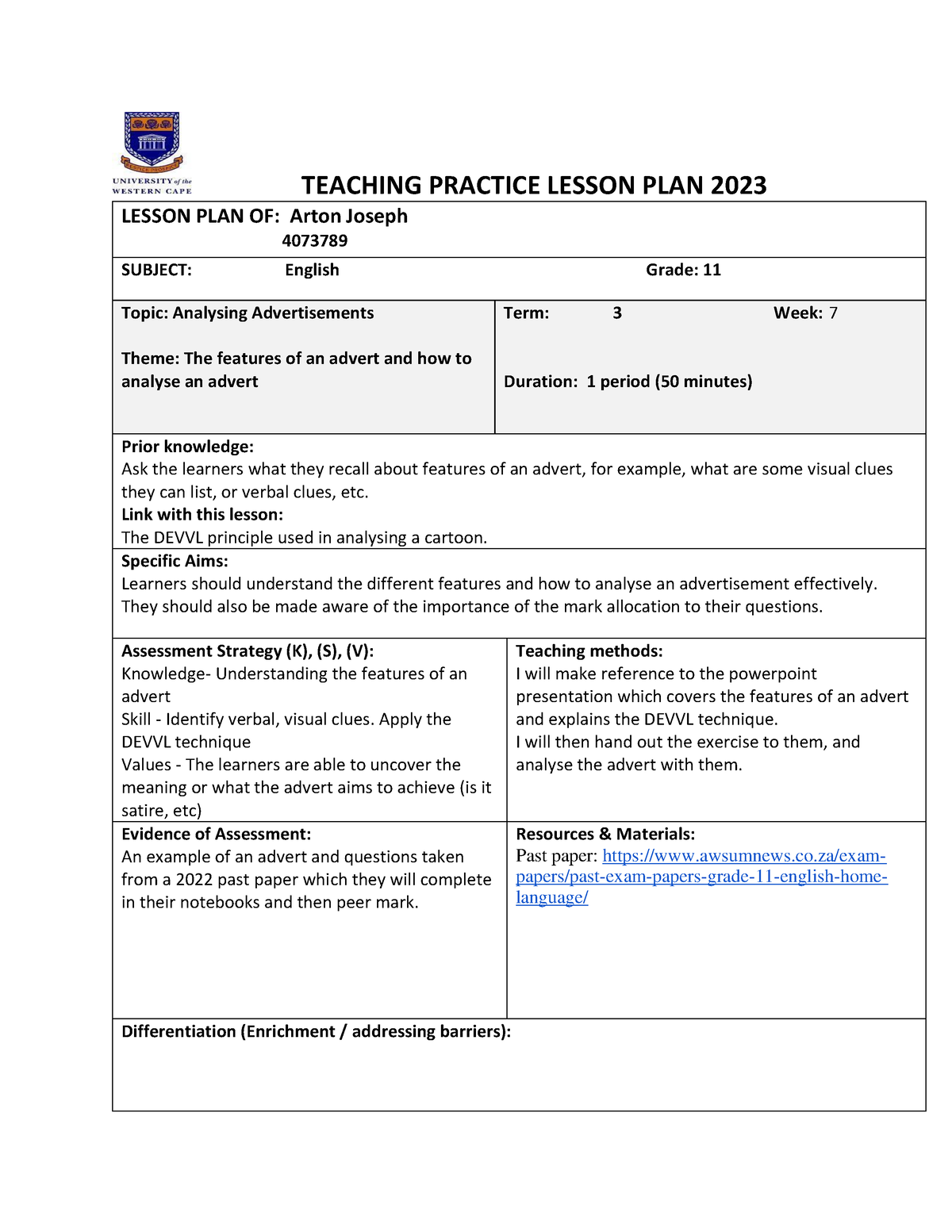 Lesson Plan Analysing Adverts Grade 11 English - TEACHING PRACTICE ...