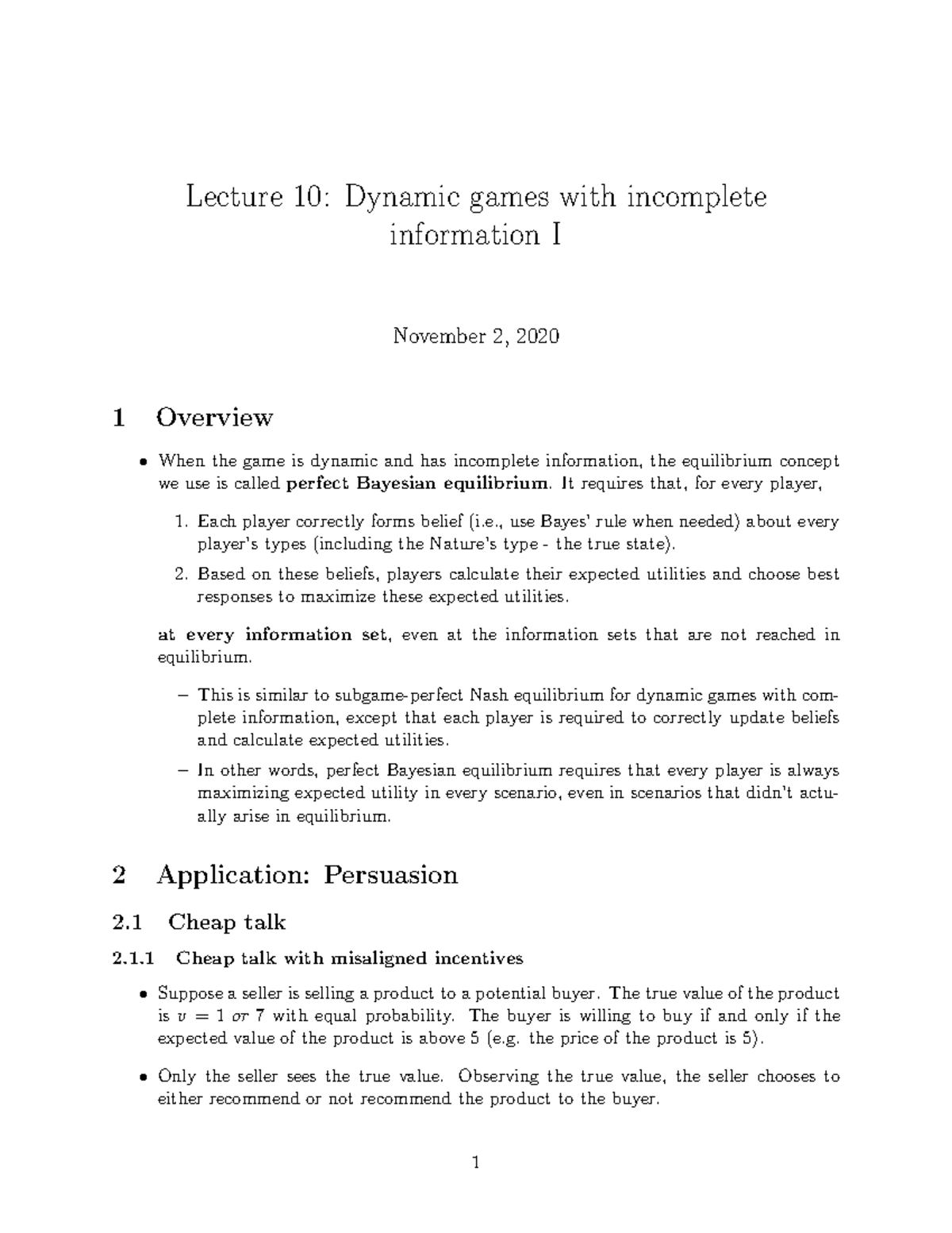 10 Dynamic Incomplete Info Games 1 - Lecture 10: Dynamic Games With ...