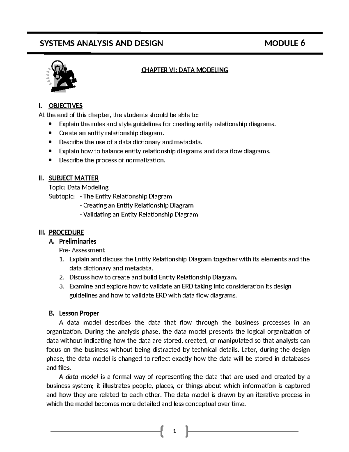 Assignment Module for Chapter 6 - CHAPTER VI: DATA MODELING I ...