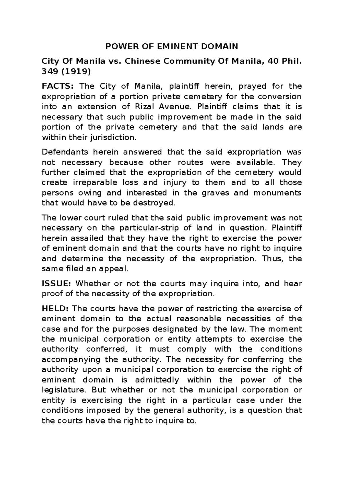 Case Digest Power of Eminent Domain - POWER OF EMINENT DOMAIN City Of ...