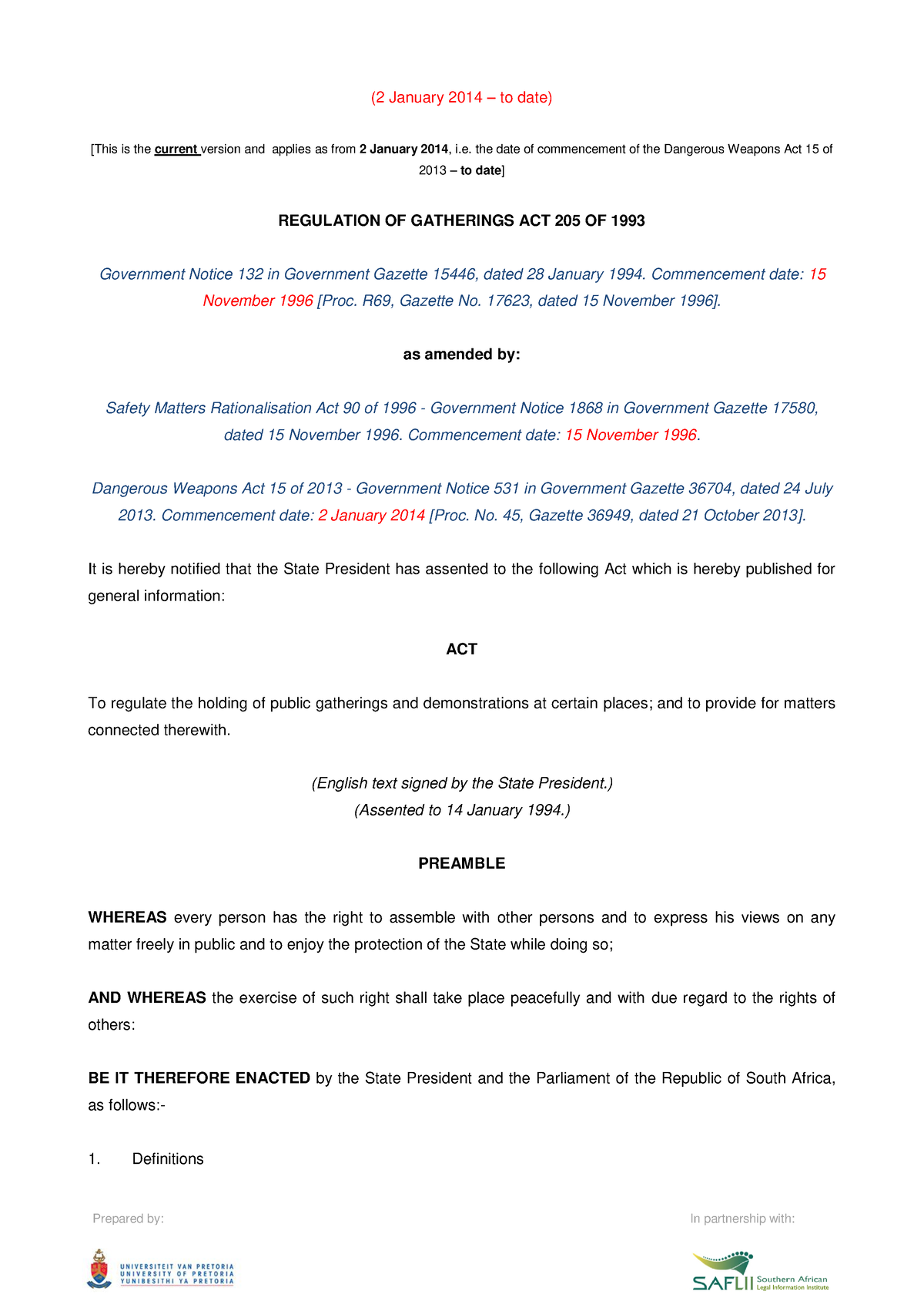 205 Of 1993 Regulation Of Gatherings Act 2 Jan 2014 - To Date - (2 