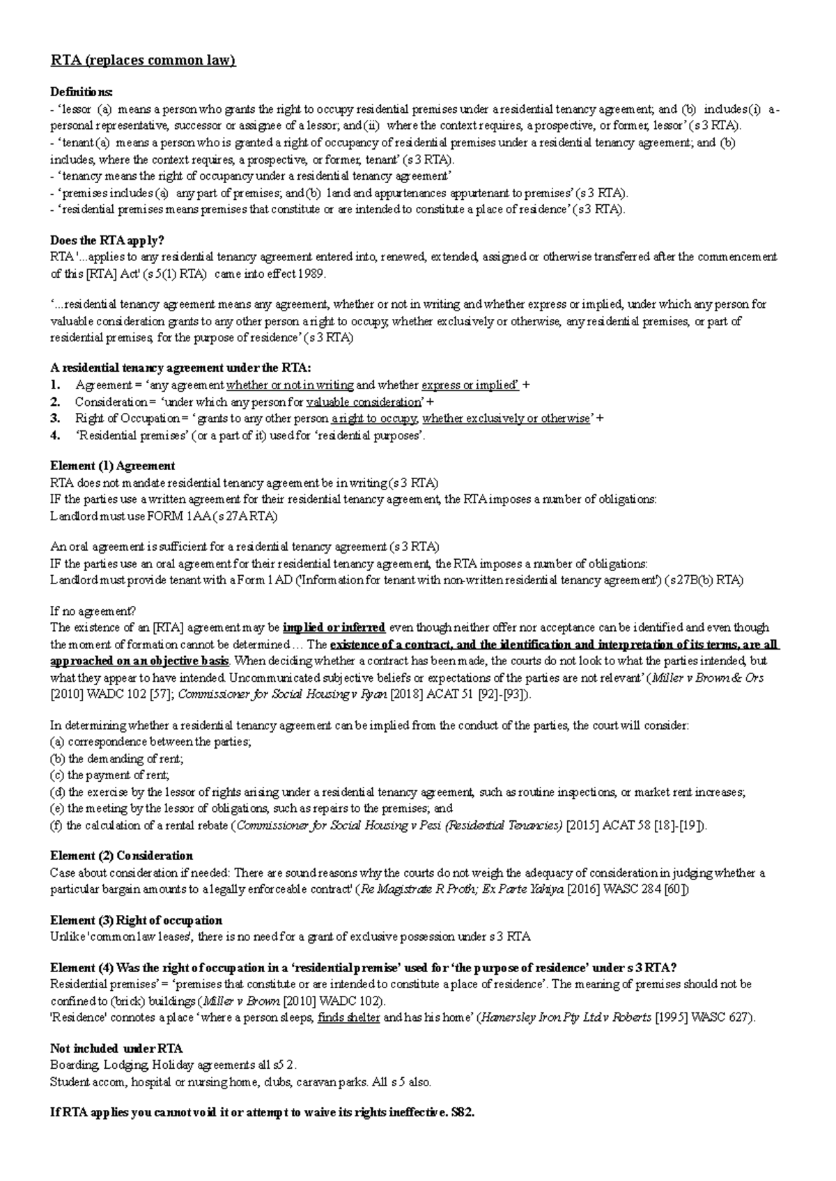 Residential Tenancies Exam Notes - RTA (replaces common law ...