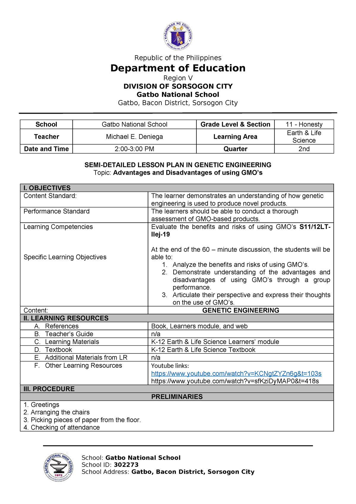 Cot Detailed Lesson Plan Gmo Republic Of The Philippines Department Of Education Region V 6291