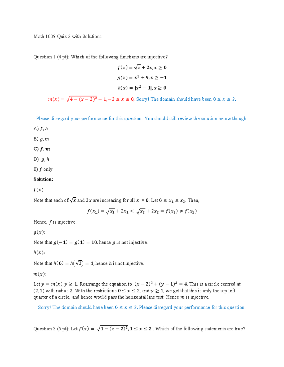 1009 - Quiz 2 Solutions(20-21 First) - Math 1009 Quiz 2 with Solutions ...