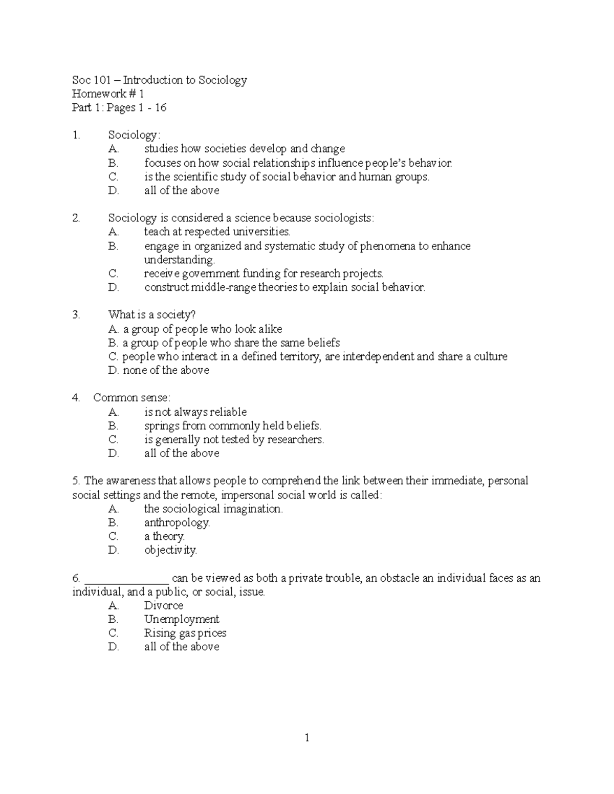 sociology homework answers