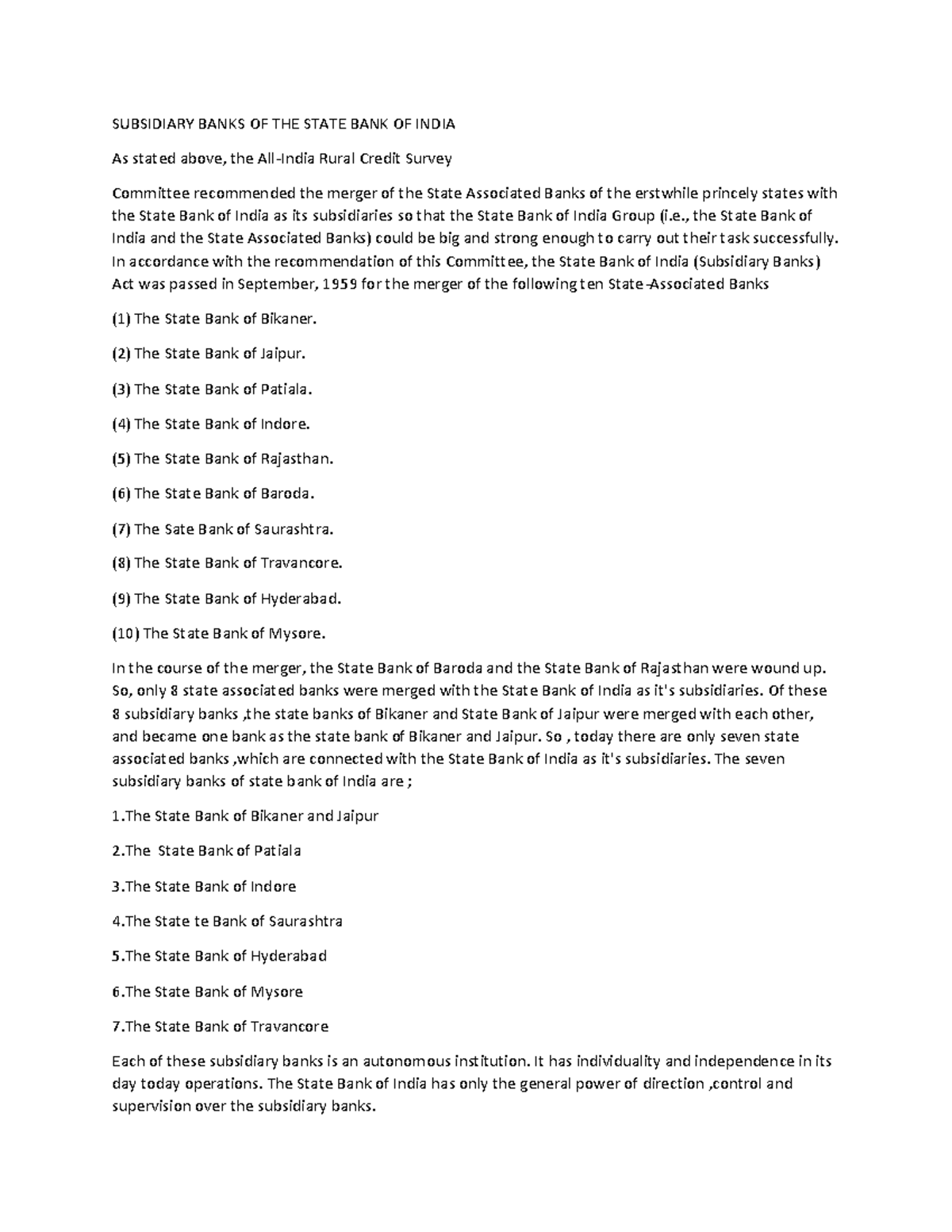 Subsidiary Banks OF THE State BANK OF India - SUBSIDIARY BANKS OF THE ...