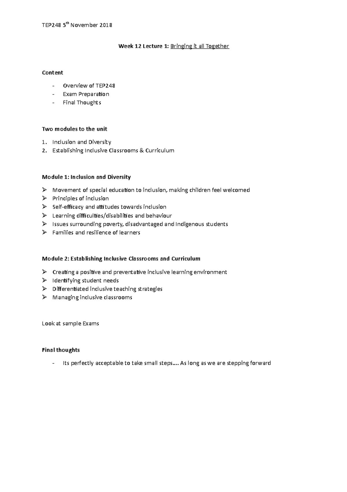 TEP248 W13 L1 - Detailed lecture notes - TEP248 5th November 2018 Week ...