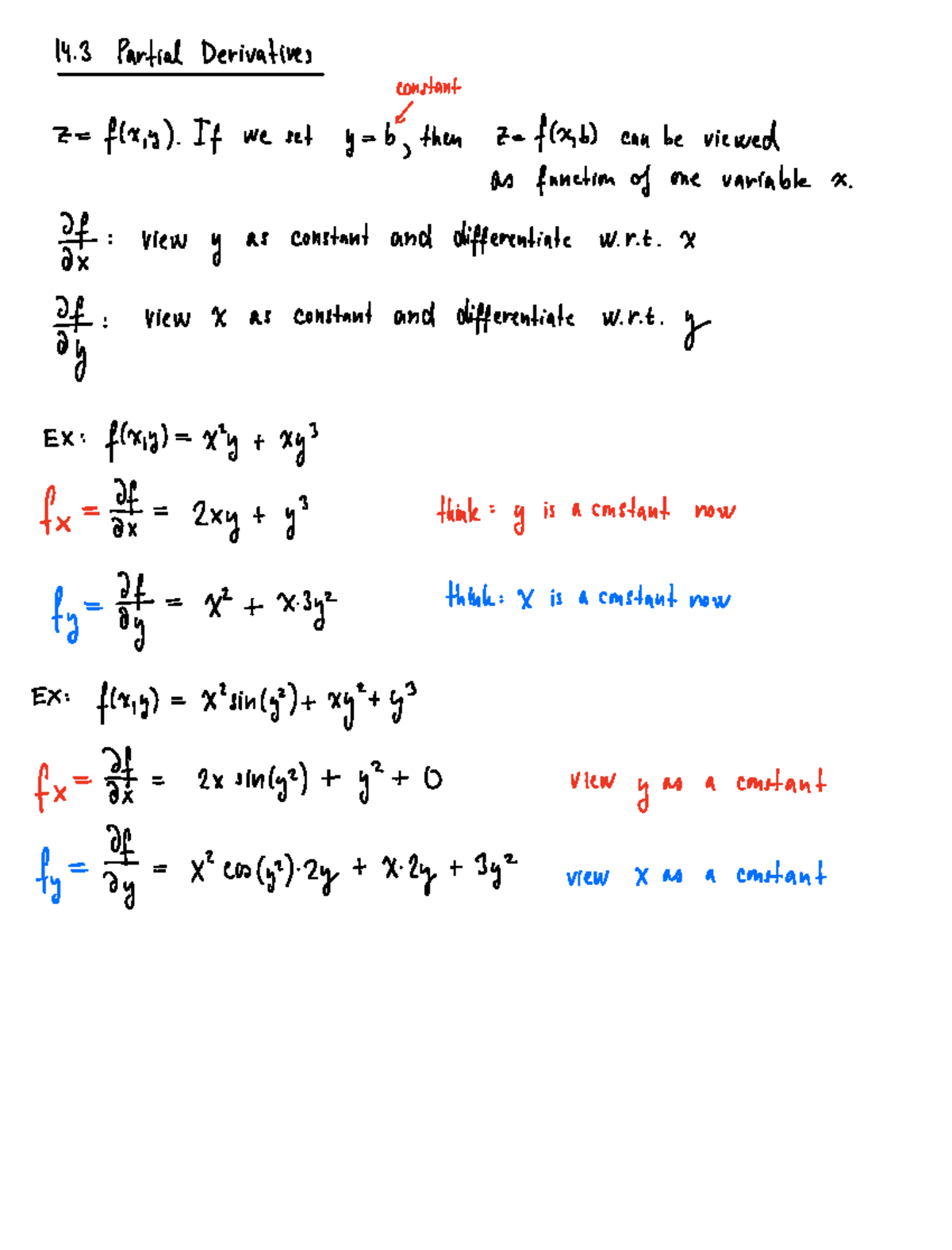 14.3 Notes - 14 Partial Derivatives constant 7 fix n If we set y then 2 ...
