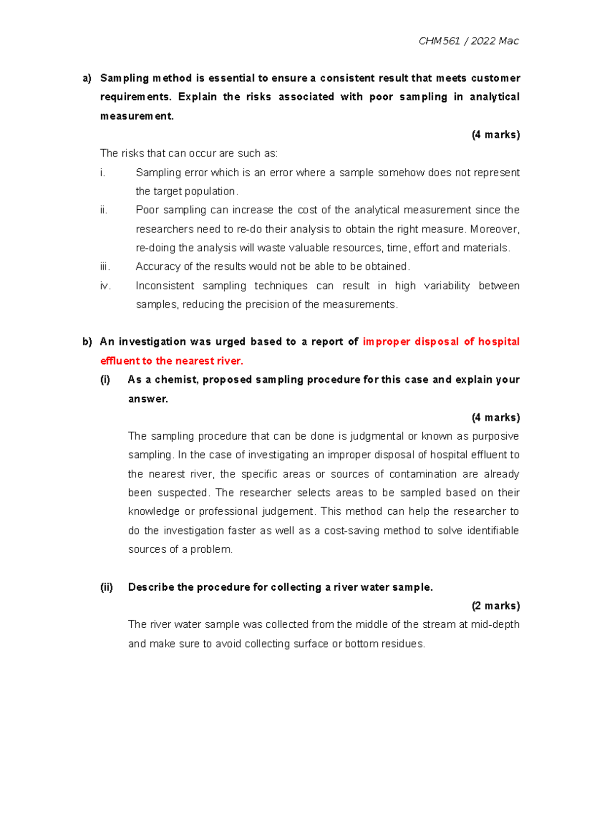 Exercise on sampling - CHM561 / 2022 Mac a) Sampling method is ...