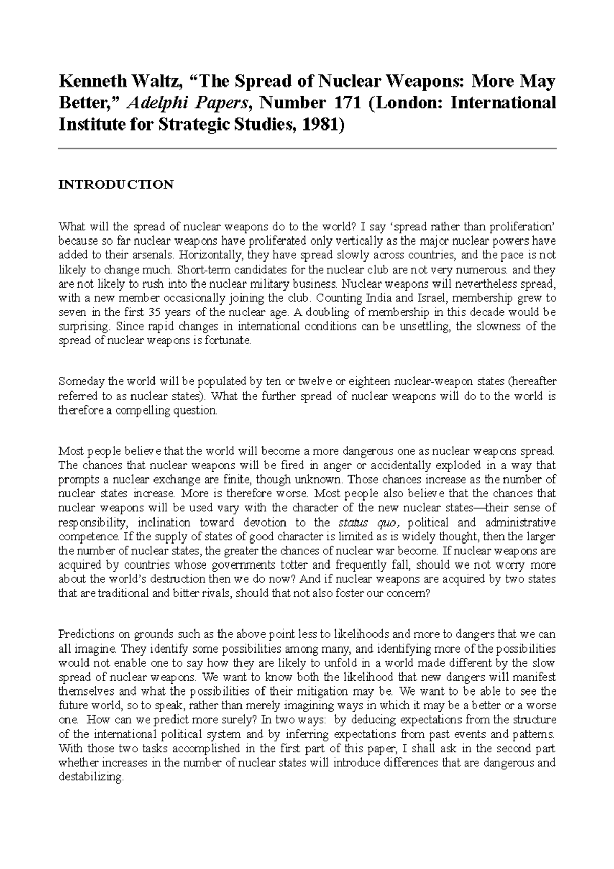 5. The spread of nuclear weapons in the university - Kenneth Waltz ...
