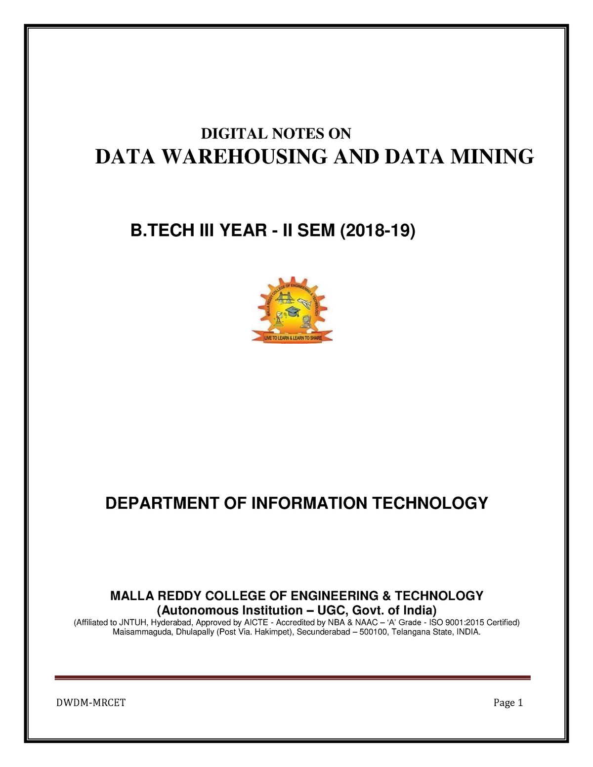 DWDM Lecture Notes III II DIGITAL NOTES ON DATA WAREHOUSING AND