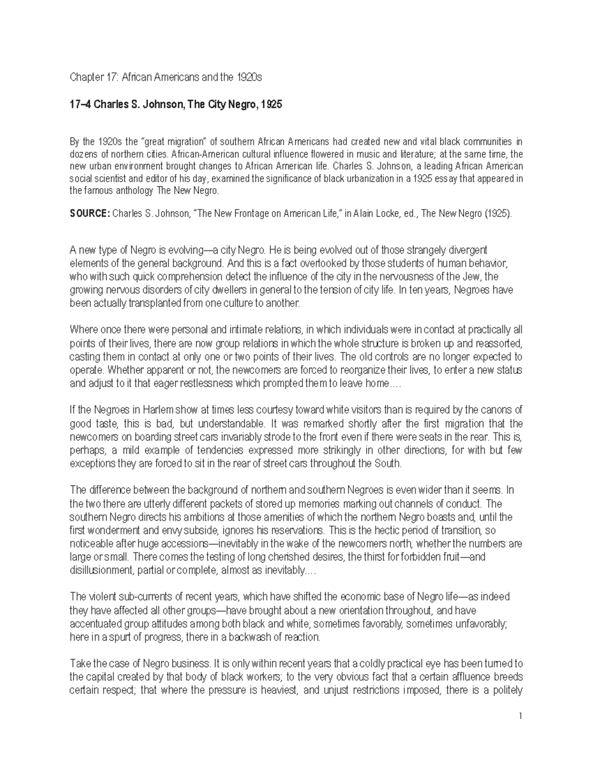 Charles S. Johnson The City Negro 1925 - 1 Chapter 17: African ...