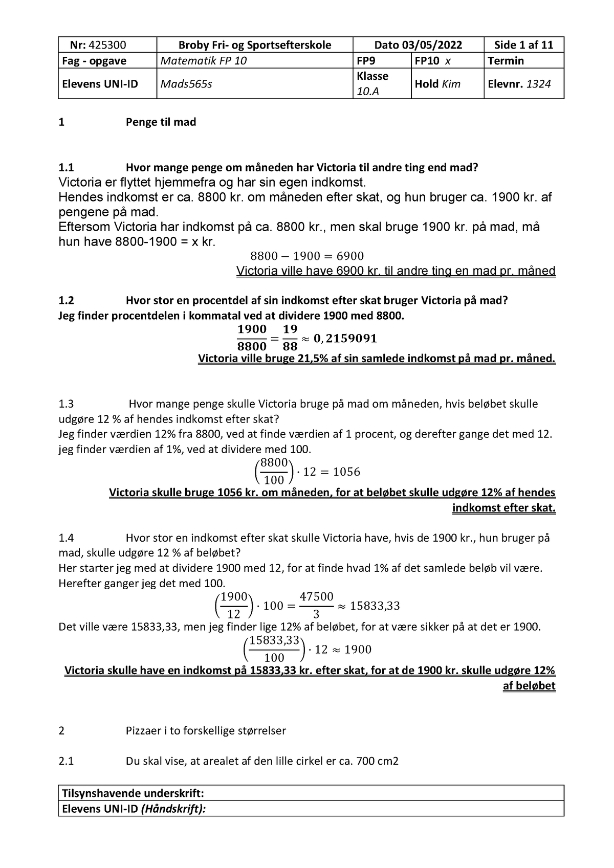 1 Penge Til Mad - Fp10 Matematik år 2022 - Fag - Opgave Matematik FP 10 ...