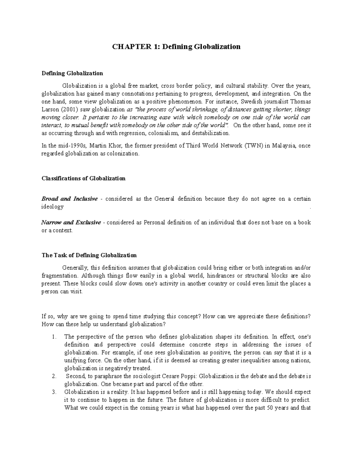 Chapter 1 Defining Globalization - CHAPTER 1: Defining Globalization ...