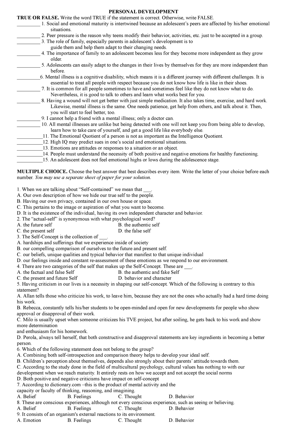 Summative Per Dev Q1 - PERSONAL DEVELOPMENT TRUE OR FALSE. Write the ...