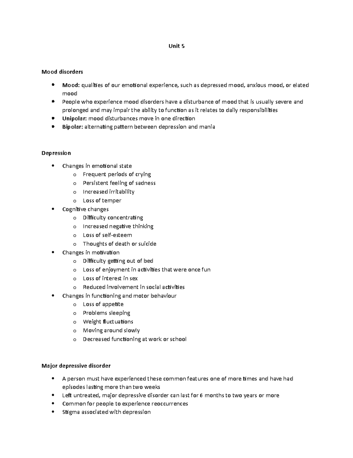 Unit 5 - Mood disorders - Unit 5 Mood disorders Mood: qualities of our ...