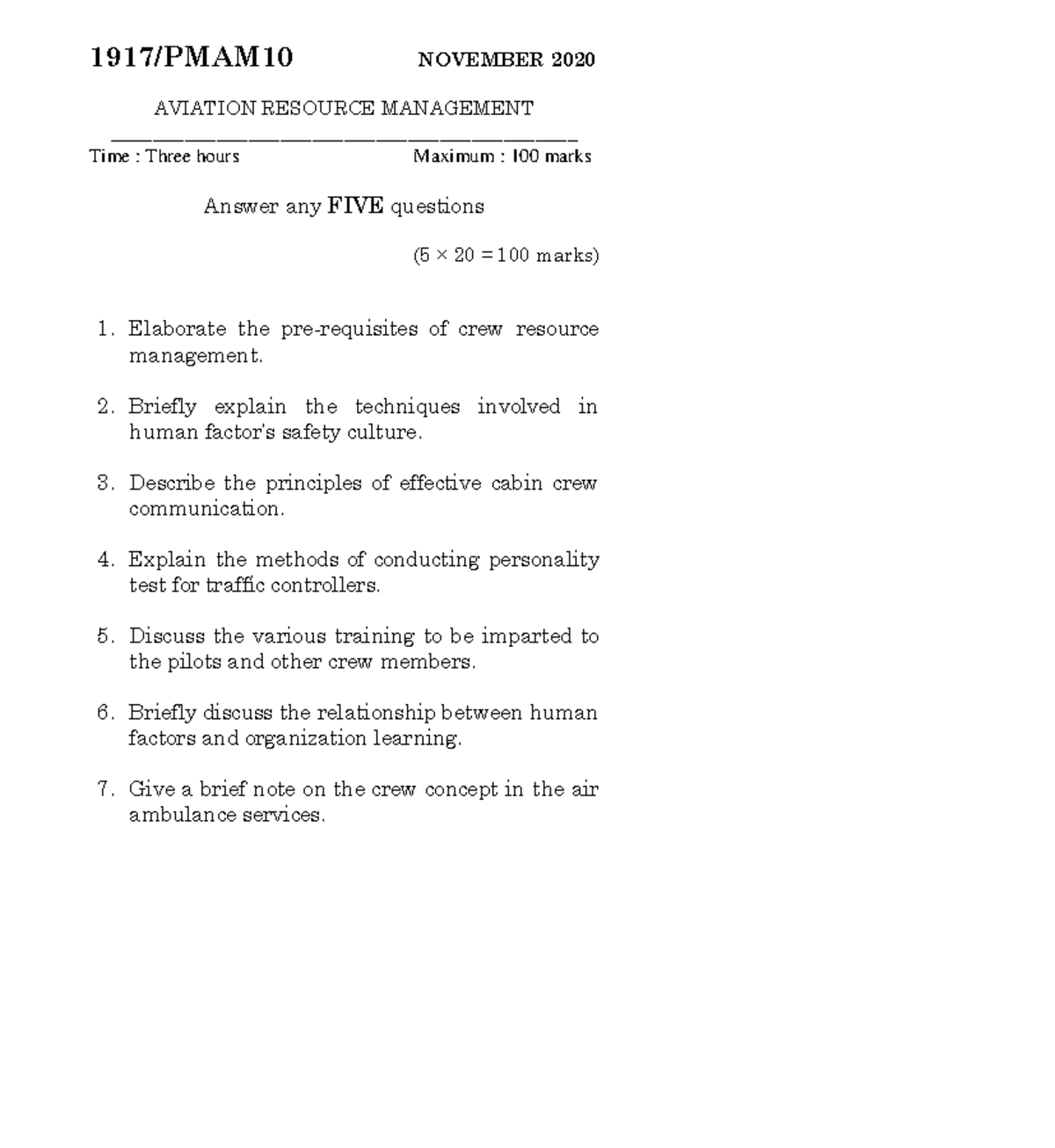 Aviation resource management 1917/PMAM10 NOVEMBER 2020 Studocu