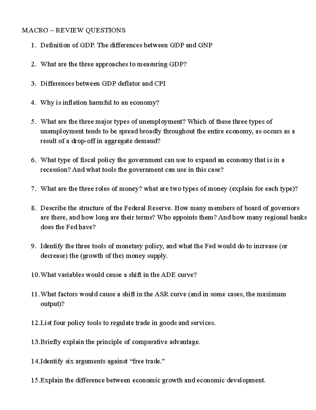 Macro review question for students - MACRO – REVIEW QUESTIONS 1 ...