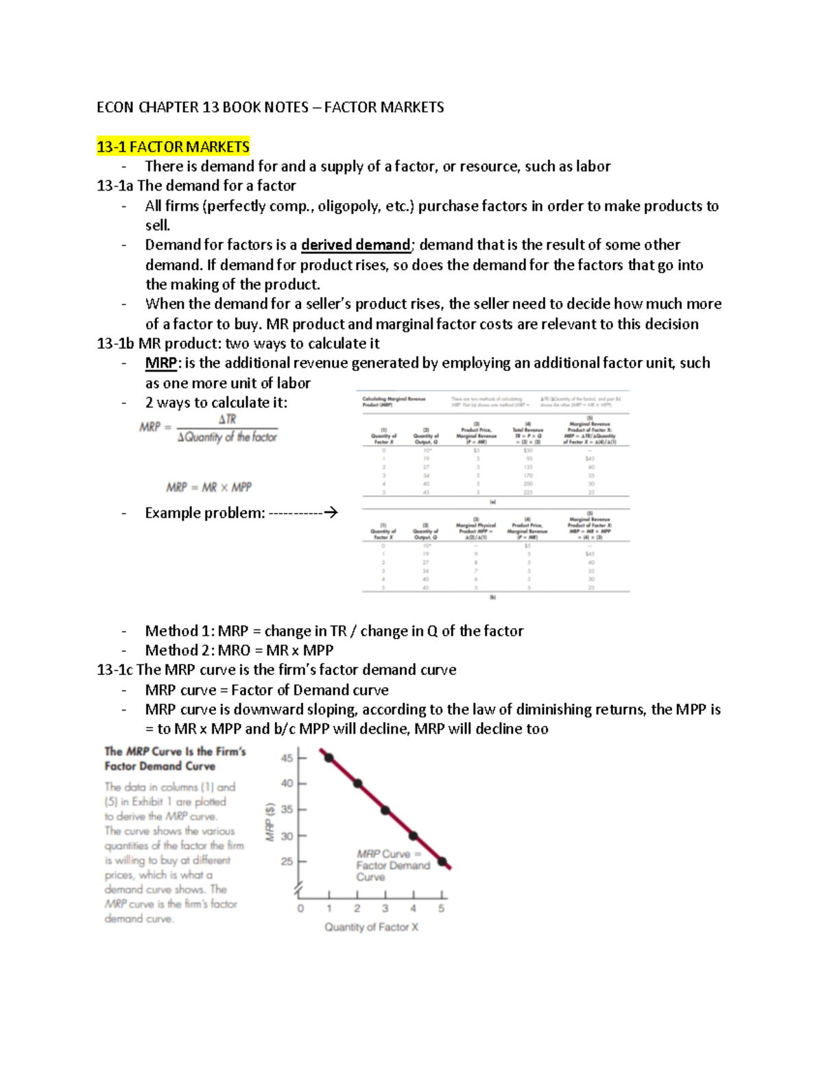 Econ Ch 13 Notes - ECON CHAPTER 13 BOOK NOTES 3 FACTOR MARKETS 13-1 ...