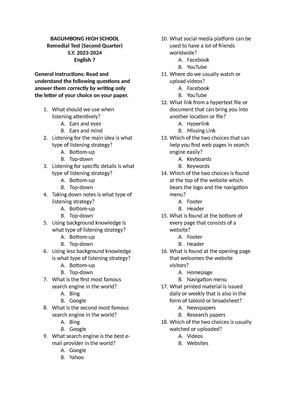 Remedial Test Grade-7 Second Quarter - BAGUMBONG HIGH SCHOOL Remedial ...