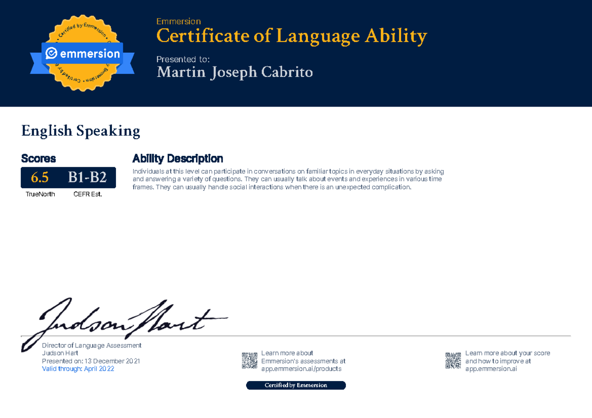 English Speaking - C e r t i f i e d b yEm m e r s i o n C e r t i f i ...