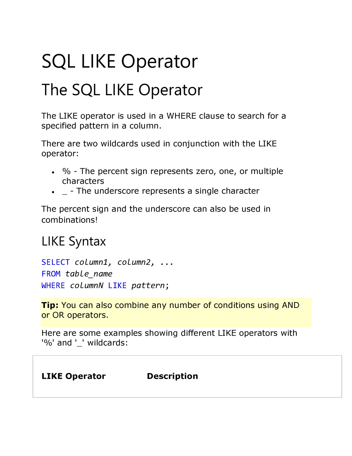 Pattern Matching - Sql - SQL LIKE Operator The SQL LIKE Operator The ...