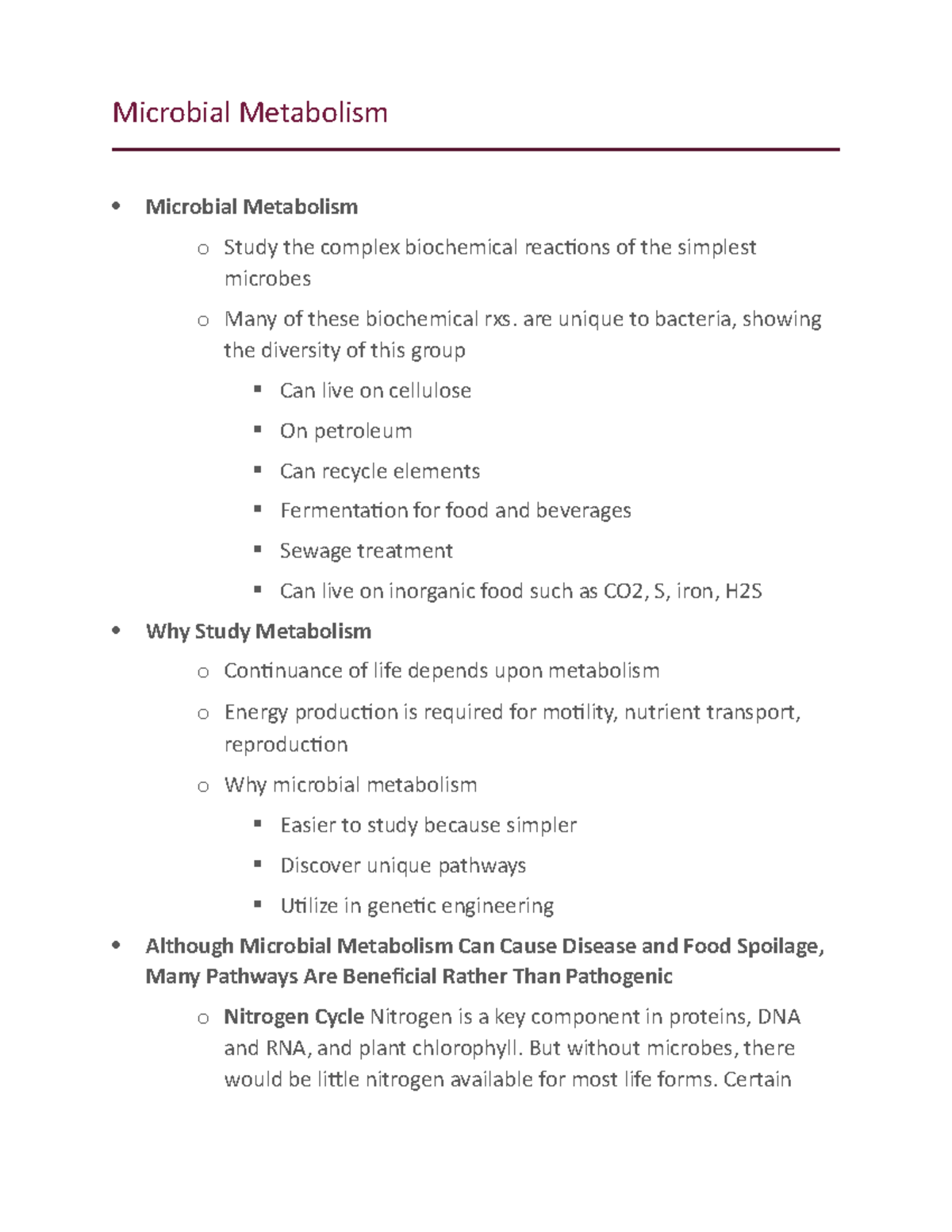Microbial Metabolism Lecture notes Lecture for Exam 1 Microbial