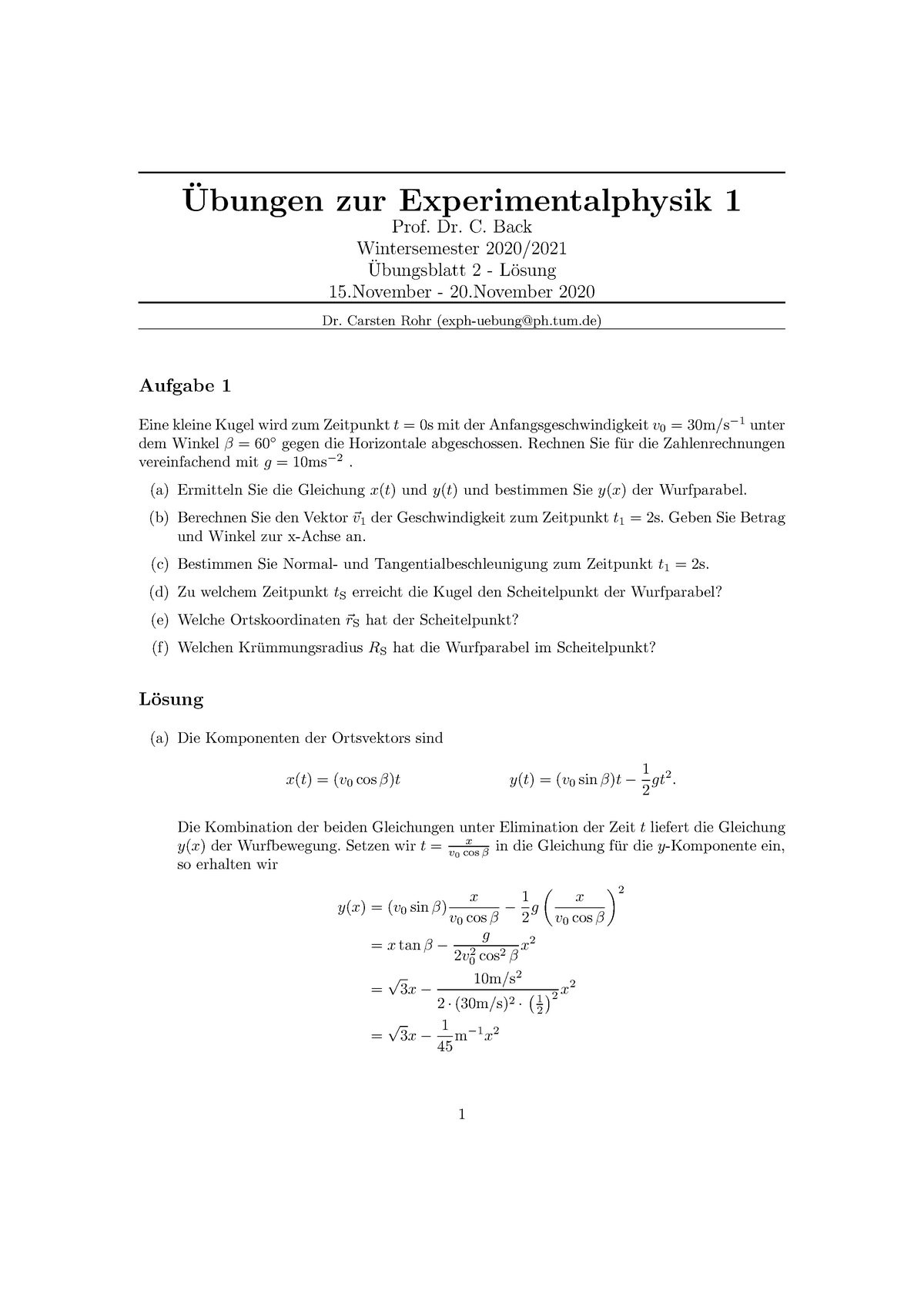 Ex1 Blatt 2 Lösung - Ubungen Zur Experimentalphysik 1 ̈ Prof. Dr. C ...