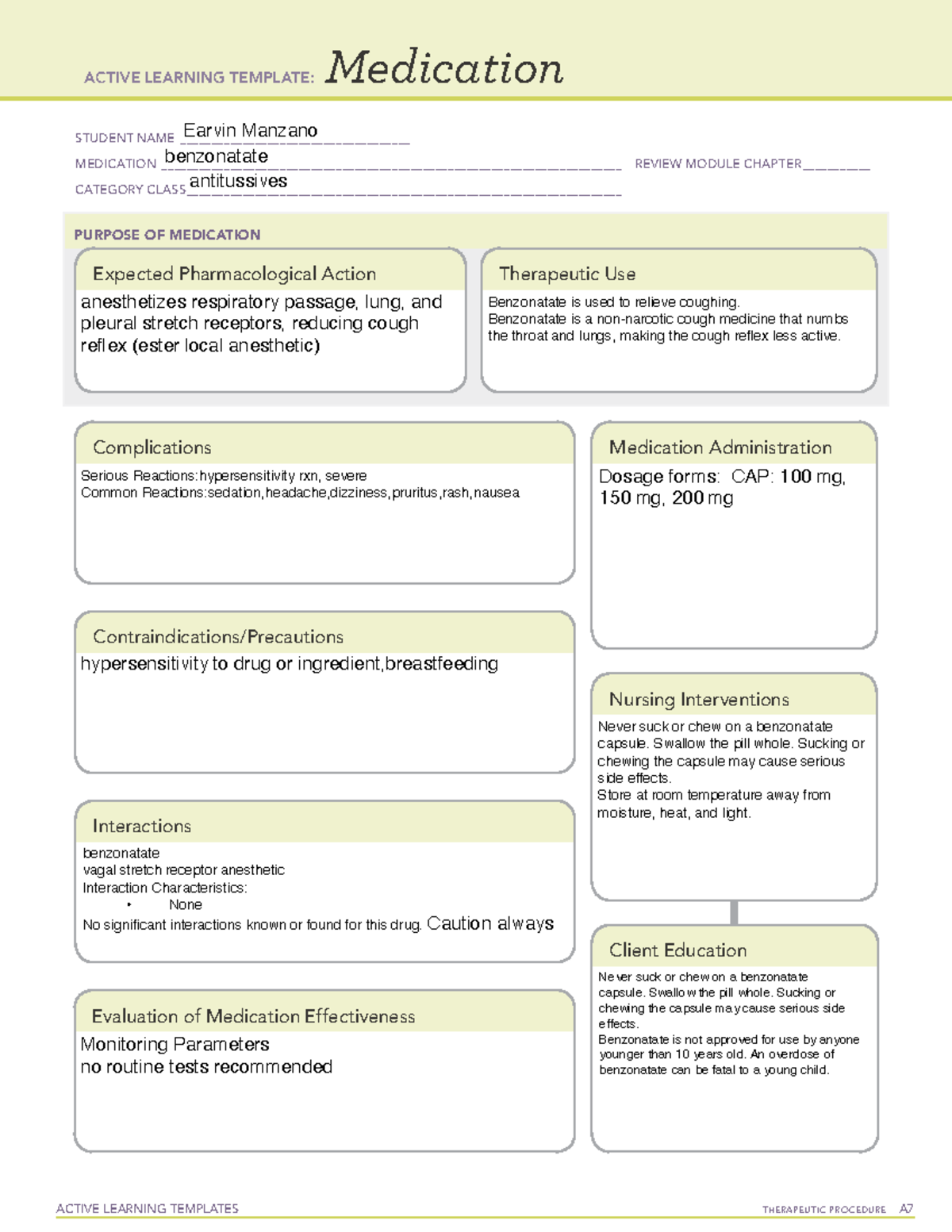 #148(benzonatate) - ATI Medication Template - ACTIVE LEARNING TEMPLATES