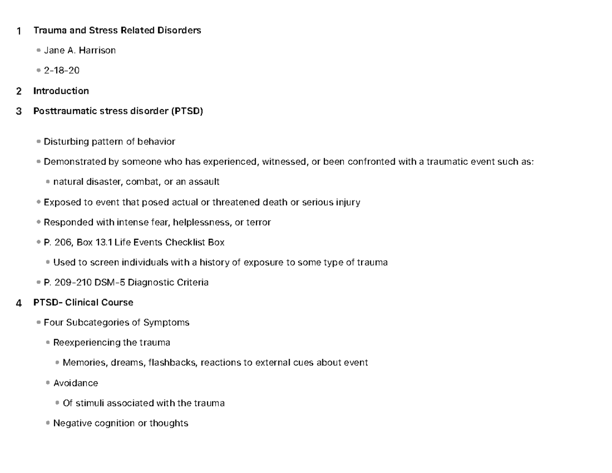 Trauma and Stress Related Disorders Lecture Notes - 1 Trauma and Stress ...