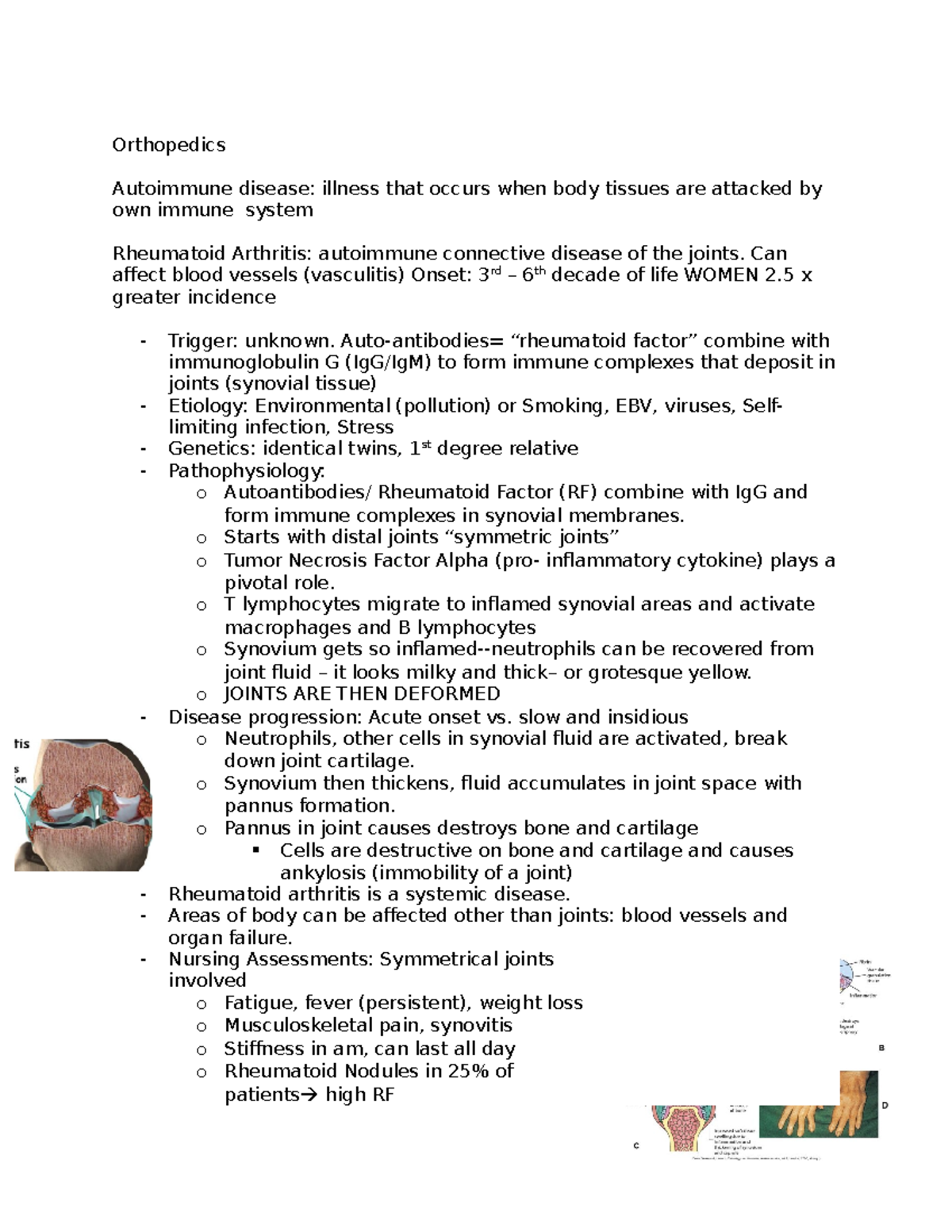 Ortho Notes - Orthopedics Autoimmune disease: illness that occurs when ...