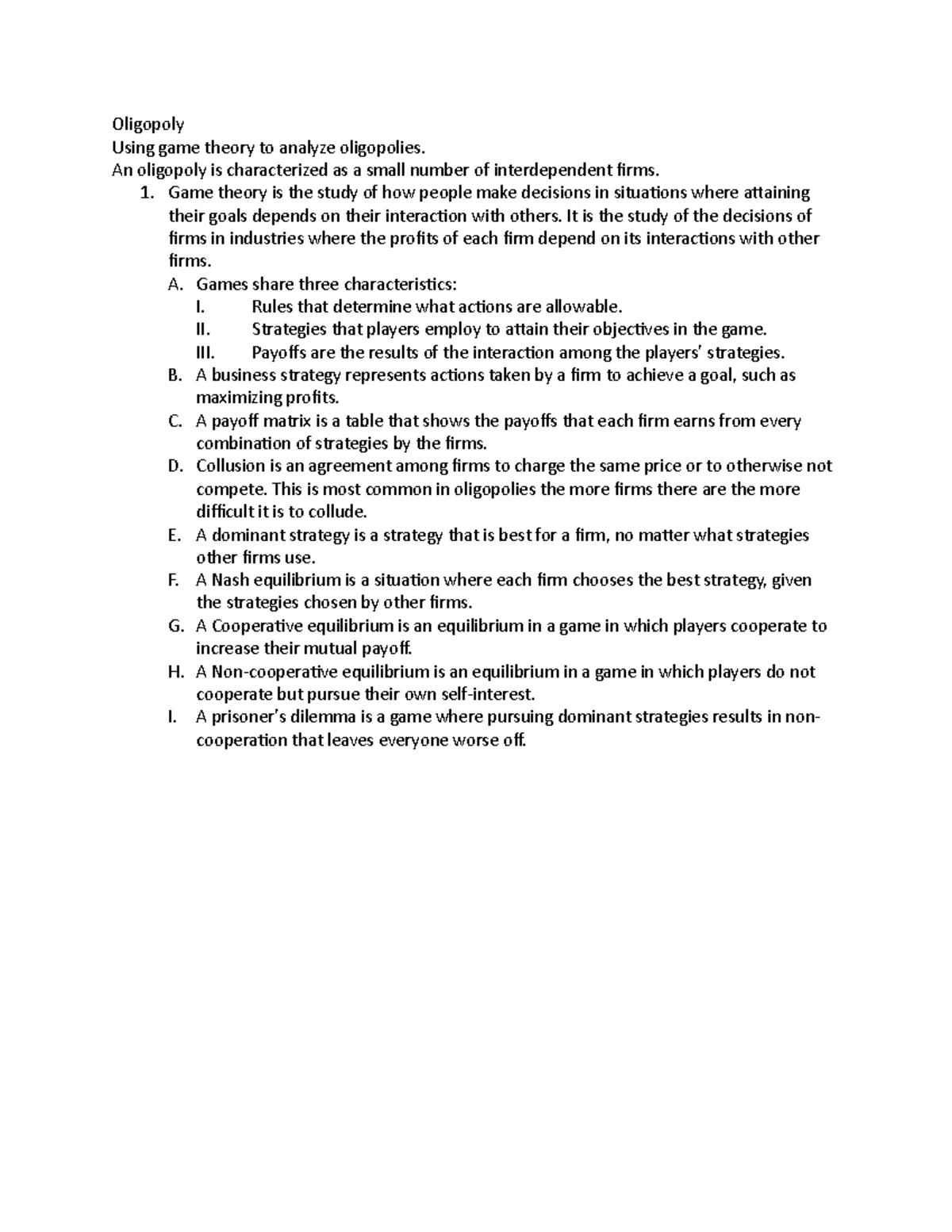 Oligopoly - notes - Oligopoly Using game theory to analyze oligopolies ...