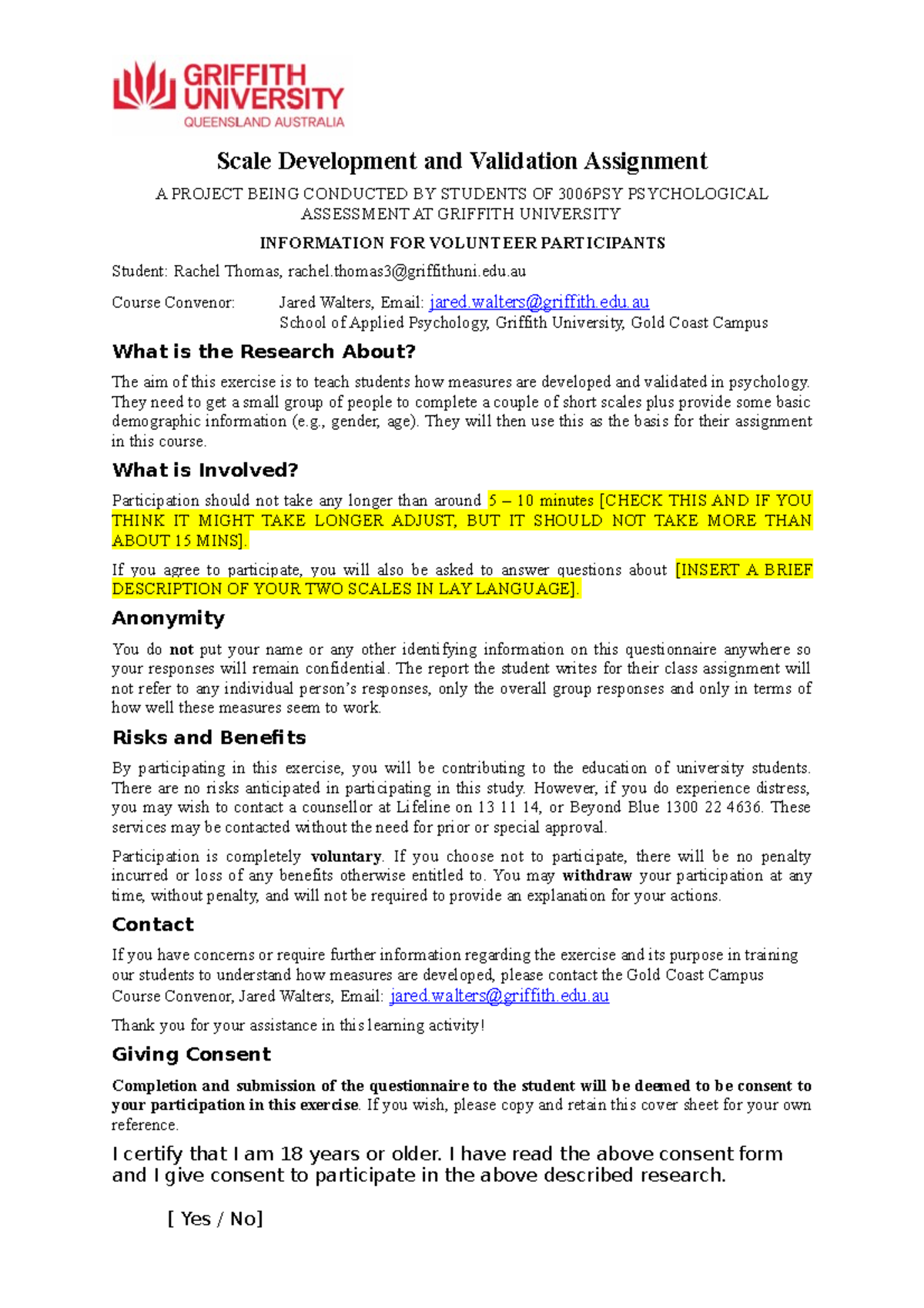 3006PSY Gold Coast Questionnaire Information Sheet 2023 - Scale ...