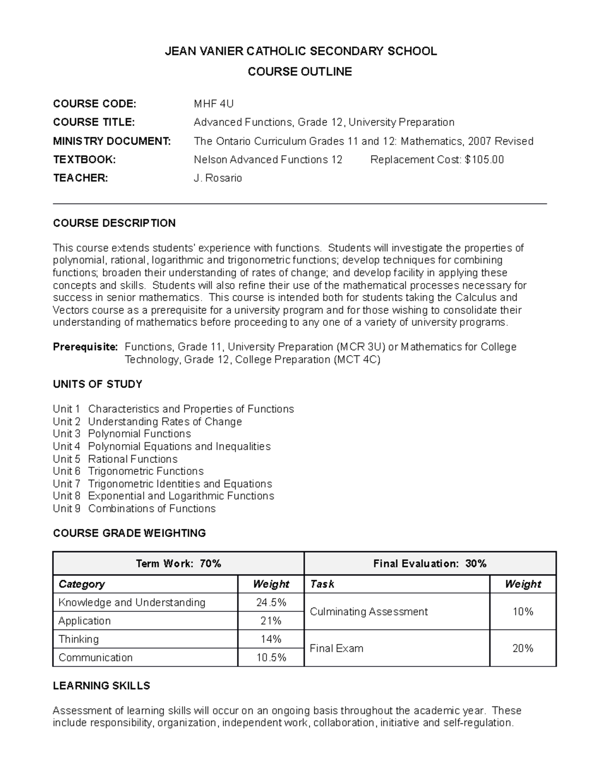 MHF4U Course Outline 2022 - JEAN VANIER CATHOLIC SECONDARY SCHOOL ...